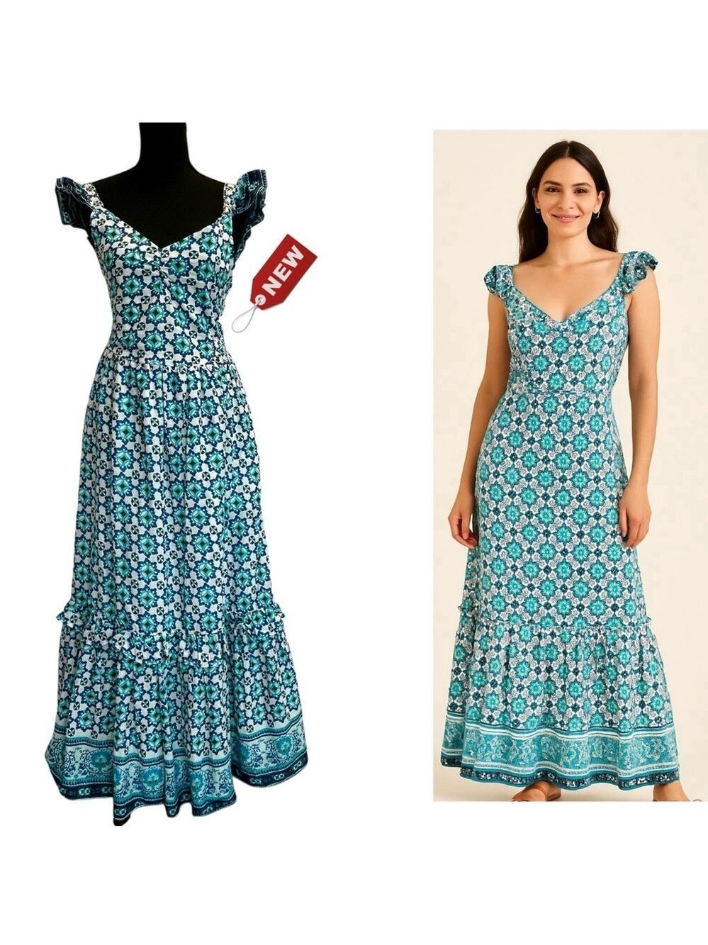 Haute Hippie Teal Blue White Ruffle Patterned Prairie Bohemian Maxi Dress XS